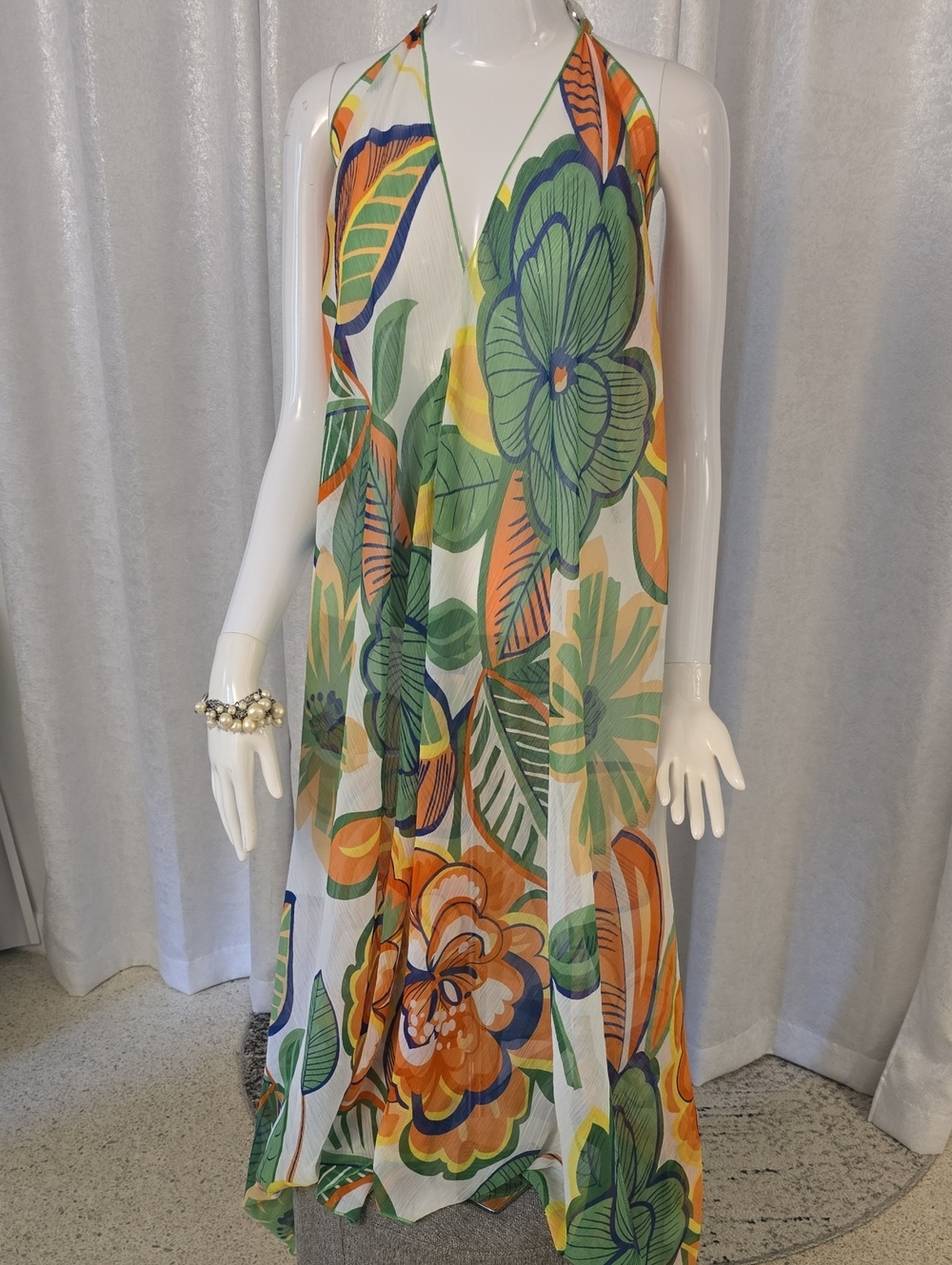 ZURY Tropical Halter SHEER Beach Cover Up Maxi Dress White Green Orange OS